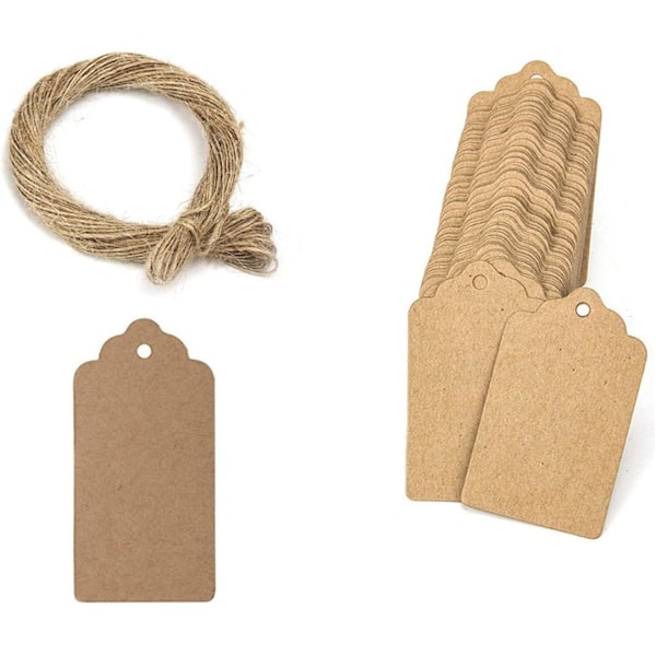 100 stk. 3 x 5 cm gavemærker - 20 m lang naturlig jutesnor, brun - Premium kvalitet dobbeltsidede kartonmærker - Perfekt til gavemærker, prismærker og DIY