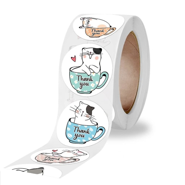 Kawaii Cat Tack-klistermärken Runda tecknade djur, självhäftande sigilletiketter för gratulationskort Handgjorda presentdekorationer