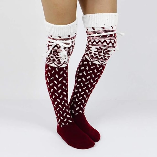 Women's Bamboo Knee High Socks - Burgundy, Snowflake Christmas So