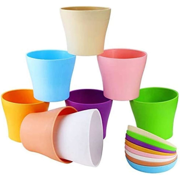 9-delt lille farvet plastik plantepotte, 9 forskellige farver
