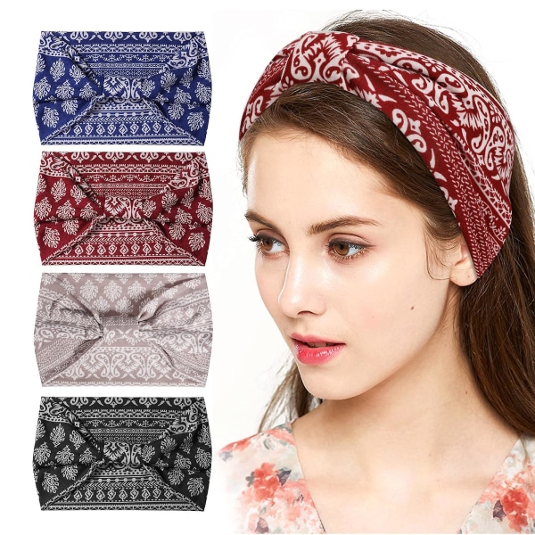 Boho Bredda Hårband, 4-pack Mjuka Yoga Hårband Sport Löpning Elastiska Turban Hårband Lätta Snygga Huvudscarfs