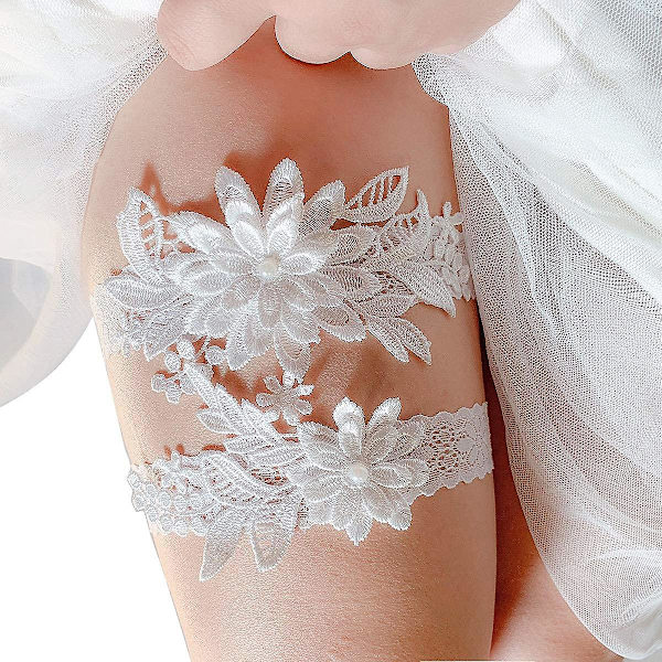Bryllupsstrømper til brud Daisy Lace Bridal Strømpe Håndsyet Faux Perler Strømpe Sæt 2 Stykker, Hvid, One Size