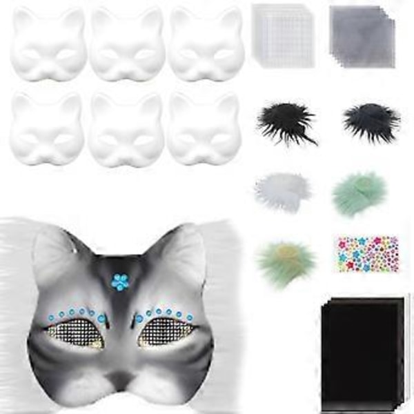 Djurmaskset Maskeradmask Handmålad Kattmask Blank Mask Anime Cosplay Mask Halloweenfestmask Set 5