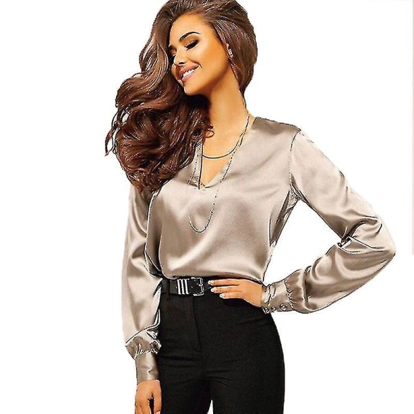 V-hals bluse, langærmet bluse, silkebluse (L)