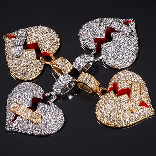 Knust hjerte kjede anheng for menn, 18K gullbelagt fullt iset ut Rhinestone Twist Rap kjede halskjede for kvinner