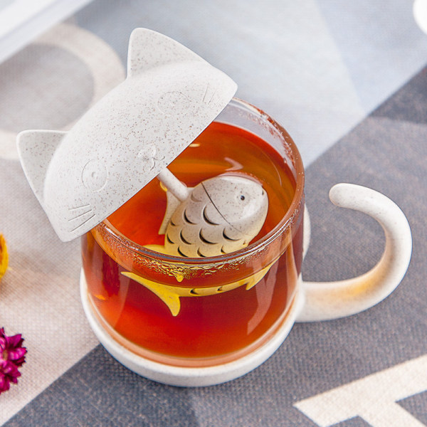 Tasse à thé en verre chat, bouteille d'eau avec infuseur à thé en forme de poisson, Passoire Filtre Tassen de café 250ML (8OZ) Cadeau Fête des Mères