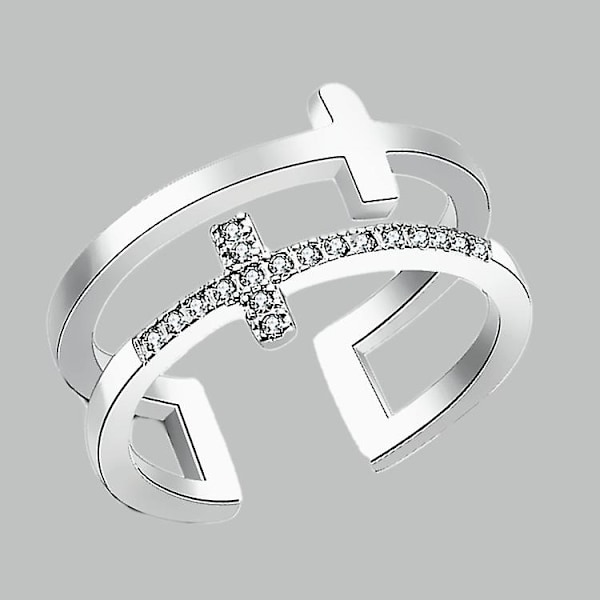 Dobbelt kryds åben ring diamant ring smykker（Sølv）