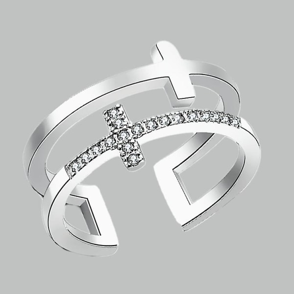 Dubbel kors öppen ring diamantring smycken（silver）