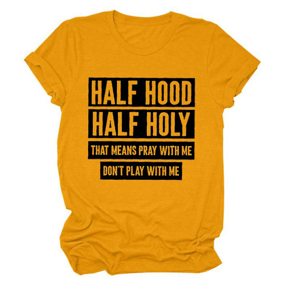 T-shirts för kvinnor Crewneck Kortärmad tröjor Bokstäver Tryck Tee Tops Halv huva Halv helig（M Gul）