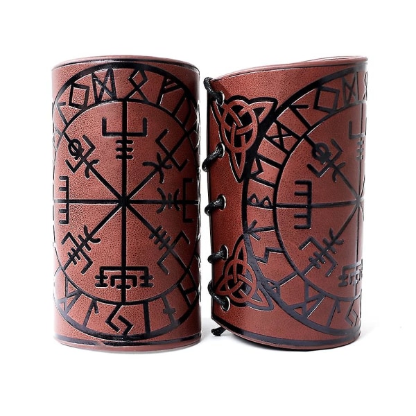 2 st Läderhandske Armband Punk Bracer Läderarmskydd Gauntlet Viking Runic Compass Präglade Armbandshållare Medeltida（Svart）