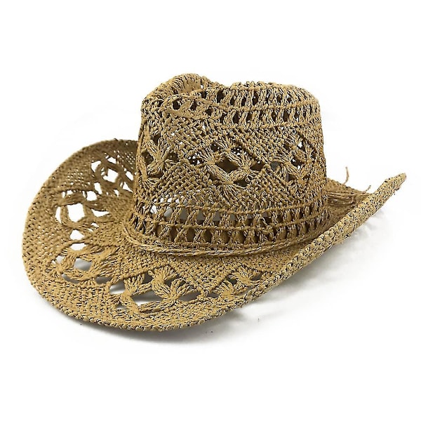 Outdoor Men Women Western Cowboy Hats Hand-woven Straw Hat Breathable Brown