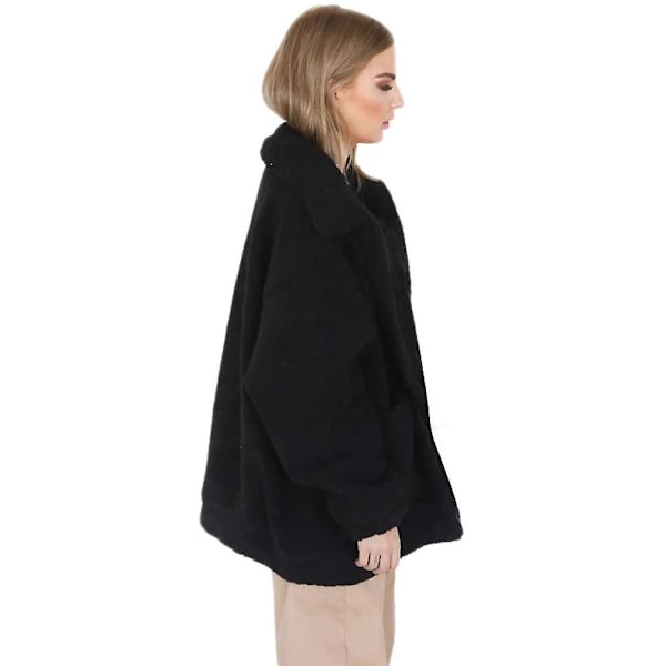 Dame Lapel Langærmet Faux Jakke Vinter Sexet Parka Mode Jakke（M Sort）