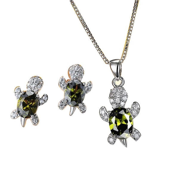 Cute Tortoise Crystal Pendant Necklace Earrings Jewelry Set For Women Girls Valentine&#39;s Day Gift（Green）