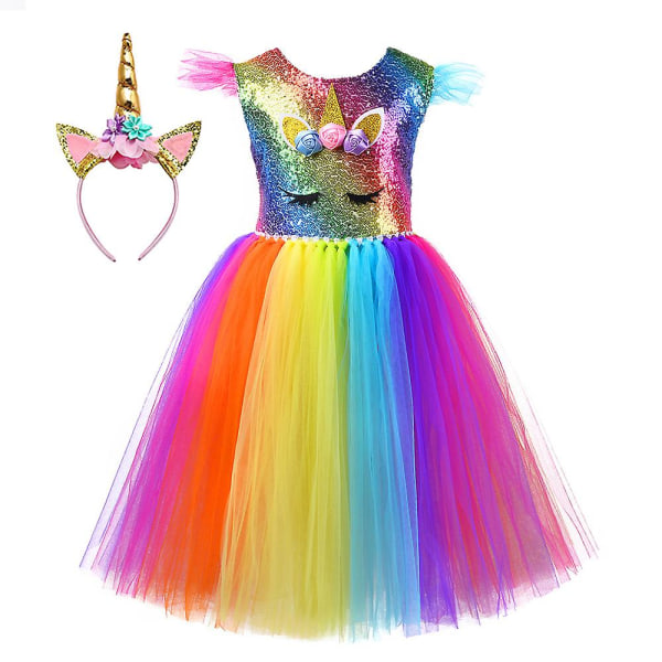 Princess Tutu Rainbow Flying Sleeves Unicorn Tulle Girls Klänningar（140cm）