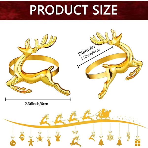 12 stk. Julehjorte Servietringe, 6CM Guld Hjorte Serviet Holder