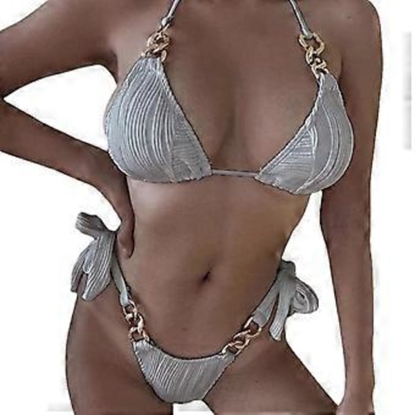 2-osainen bikinisetti naisille, narullinen uimapuku, kolmiobikinit, toppi ja stringit, seksikäs kolmiobikinisetti, harmaa S Gray S