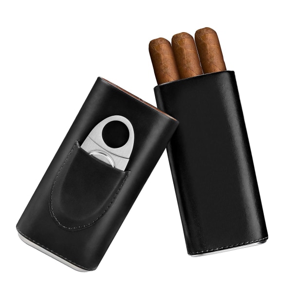 Cigar Case Cedar Wood Lined - Cigar Travel Case Cigar Cutter Humidor Case（Svart）