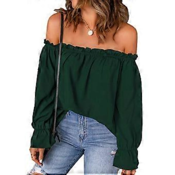Off Shoulder Chiffong Blus Enfärgad Volangdetalj Långärmad Off Shoulder T-shirt för Dam Tjej Kvinna Dejt (M) M