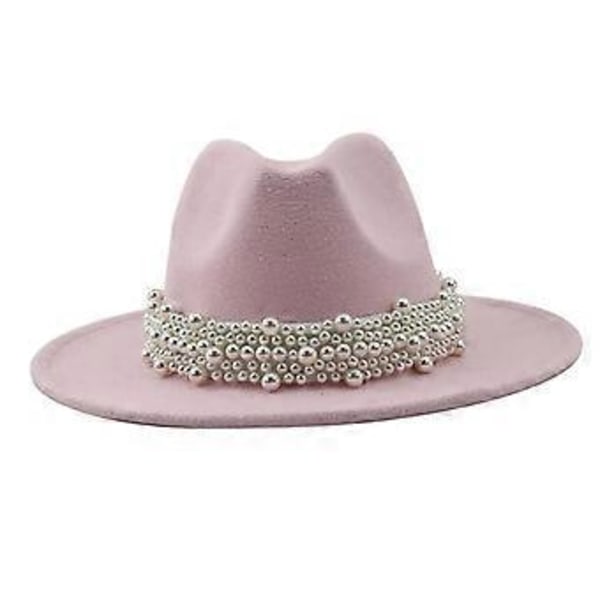 Cashmere Fedora-hattar med bred brätte för kvinnor och män, eleganta hattar enfärgad Panama-hatt med pärldekorerad brätte (Rosa)