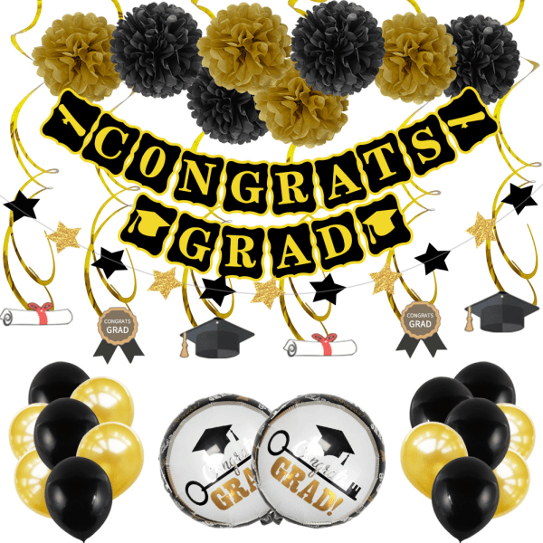 Graduation Dekorationer Sort og Guld Tillykke Grad Banderole Silkepapir Pom Poms Hængende Dekorationer Hvirvel Hvirvel Trekant Banner Guirlander Balloner