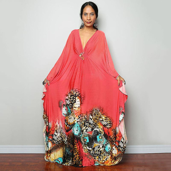 Maxiklänning med print för damer Batwing Sleeve Beach Dress Plus Size Sundress Beachwear Kaftan Cover-ups Dn0540