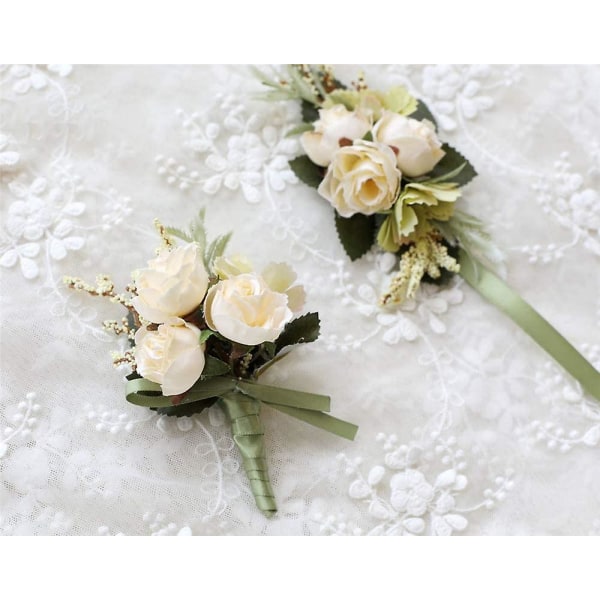 Rose Corsage og Boutonniere Set Kunstige Rose Bryllup Corsage Blomster Prom Festdrakt Dekorasjon, Beige