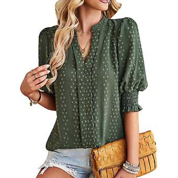 Dam Halv Ärm V-ringad Topp Elegant Trendig Enfärgad Puffärm Elastisk Rynkad Manschett Skjorta Blus (XLOD Grön) OD Green XL