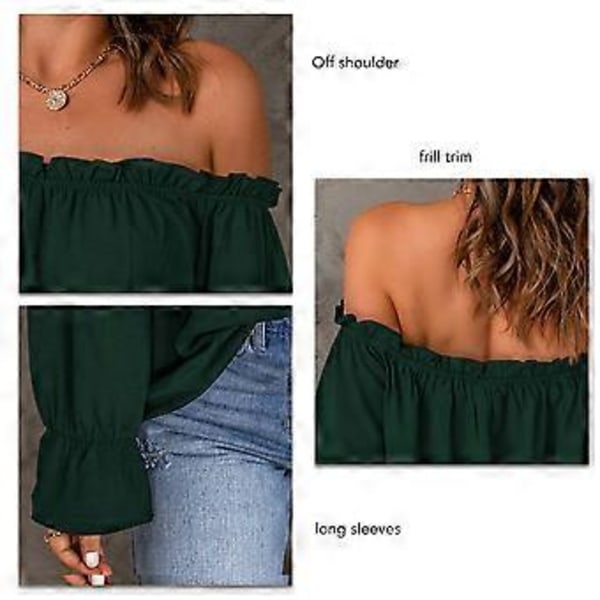 Off Shoulder Chiffon Bluse Ensfarvet Flæsekant Langærmet Off Shoulder T-shirt til Dame Pige Kvinde Dating (M) M