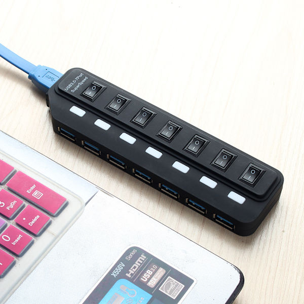 Strömdriven USB 3.0-hubb 7-portars datahubb med individuella switchar USB