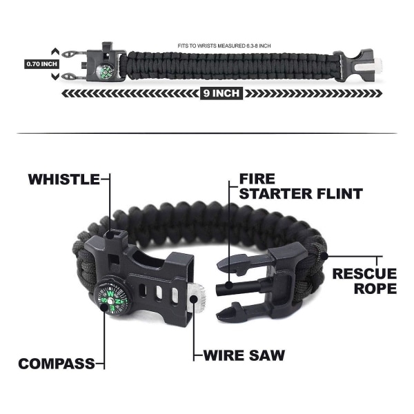 Overlevelsesarmbånd - 5-i-1 overlevelsesæt med flinttænder, kompas, fløjte, trådsav, redningsreb