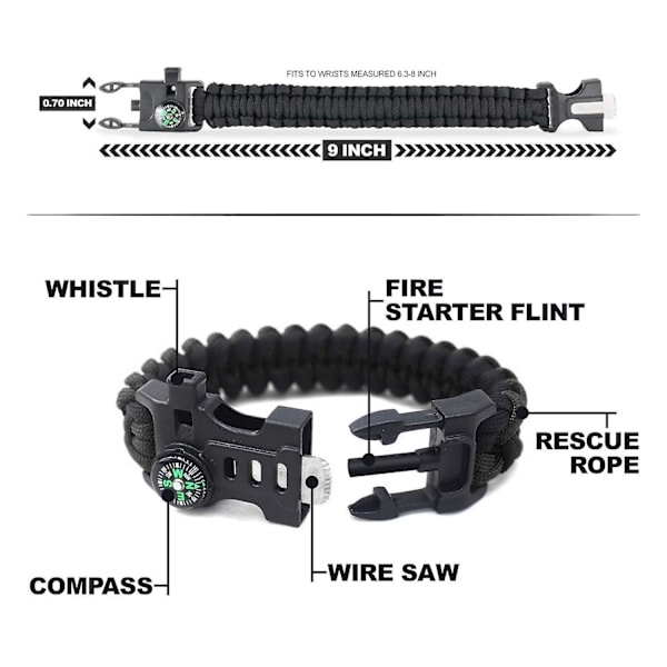 Selviytymisranneke - 5-in-1-selviytymispakkaus, jossa piikiven sytytin, kompassi, pilli, vaijerisaha ja pelastusköysi