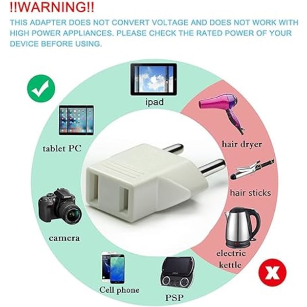 Hvit USA til EU-adapter [6-pakning] 2-pins CN Kina USA-Amerika til 2-pinner EU Frankrike Tyskland Spania Egypt og mer