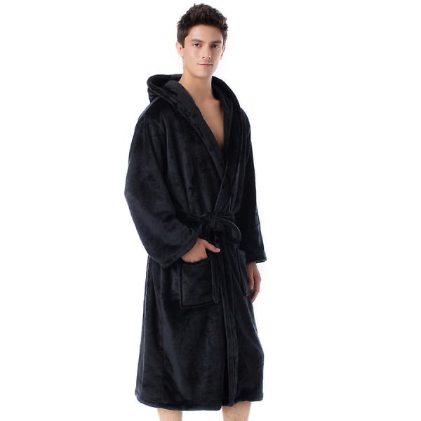 Lång morgonrock i fleece för män med huva badrock Nattkläder (XL)