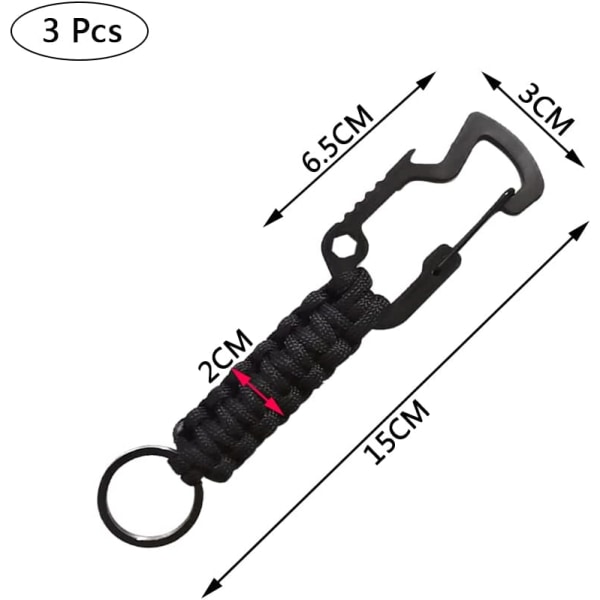 3 Pack Keychain with Braided Carabiners for Drawstring, Heavy Dut