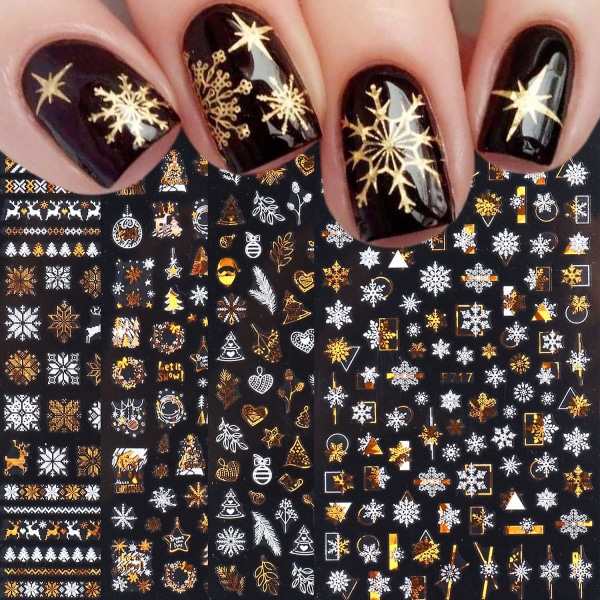 8 ark Jul Nail Art Stickers Dekaler Självhäftande Guld Vit Xmas Vinter Snöflingor Nageltillbehör Nail Art Design