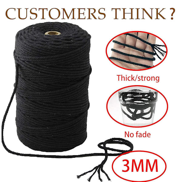 3 x 200 mm puuvillakartiolanka makrameelanka puuvillanaru DIY taidekäsityö neulontatyökalut musta