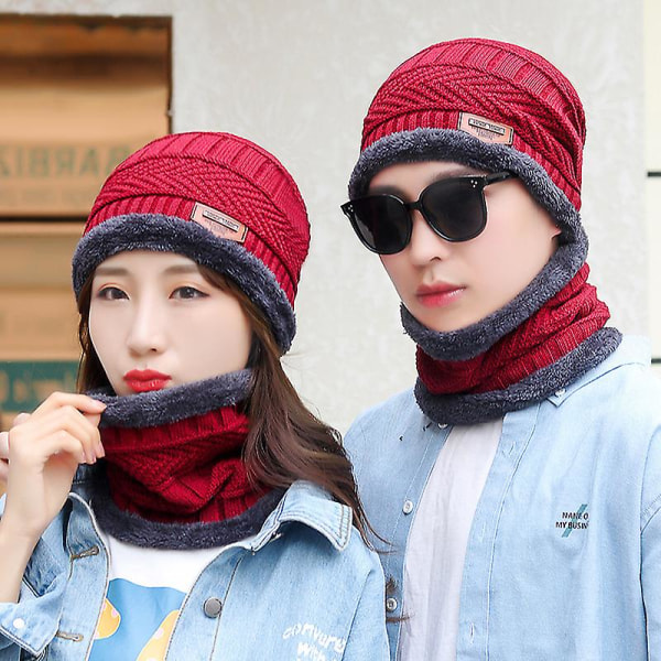 Winter Warm Knit Slouch Beanie Hat Skiing Neck Warmer Scarf Touchscreen 2 Pcs Set（Red）