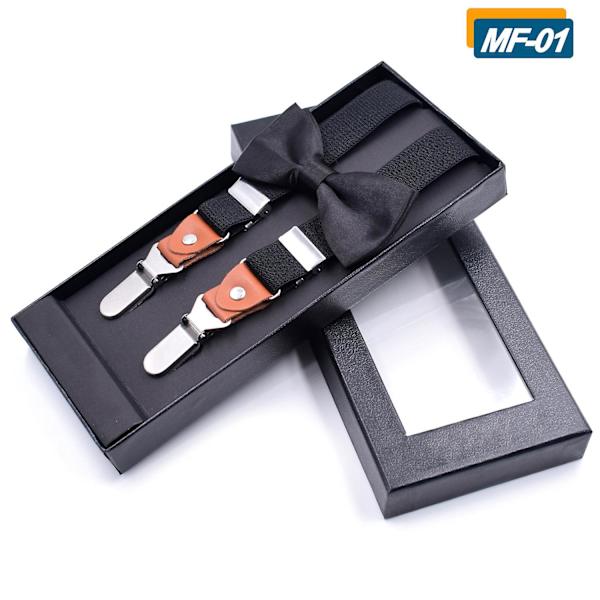 Herr Bow Tie Suspender Set Läder Knapphål Y-formade Klämmor（Svart）