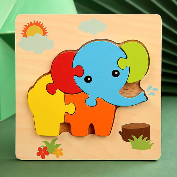 Træpuslespil til småbørn Dyrepuslespil Stiksavssæt Early Learning Baby Børn Pædagogisk legetøj Gaver（elefant）