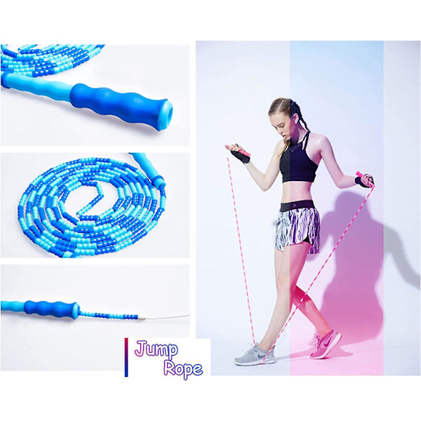 9ft Mjuk Hopprep med Pärlor Justerbar Trasselfri Segment Fitness Hopprep（Rosa）
