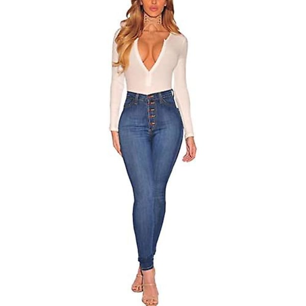 Kvinnors Skinny Fit Jeans Stretch Hög Midja Denim Jeggings Med Ficka（M）