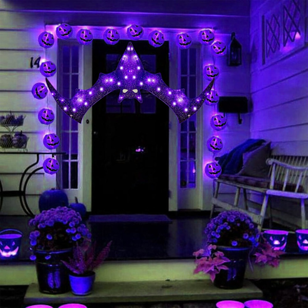 Halloween-dekorasjon, glitrende hengende flaggermus med 30 lilla LED-lys
