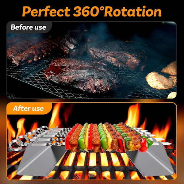 Grillspydsett i rustfritt stål, grillspyd med holder,