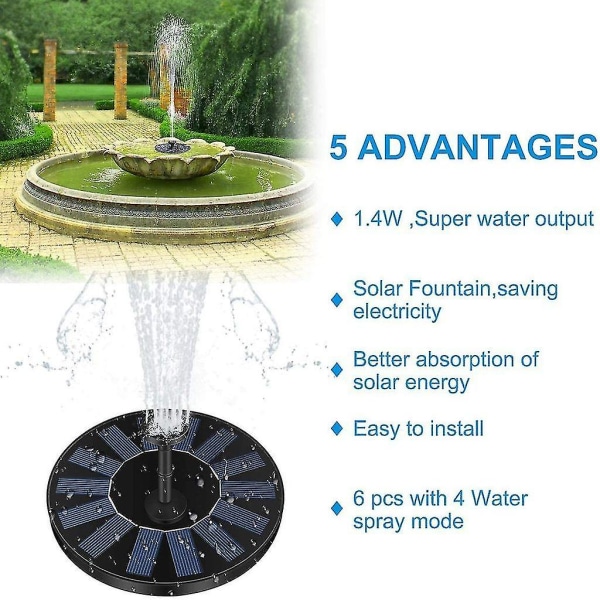 Aurinkosuihkulähde, 1,4 W aurinkolampipumppu 4 tehosteella | Enintään 70 cm korkea aurinkovesipumppu | Aurinkoenergialla kelluva suihkulähdepumppu
