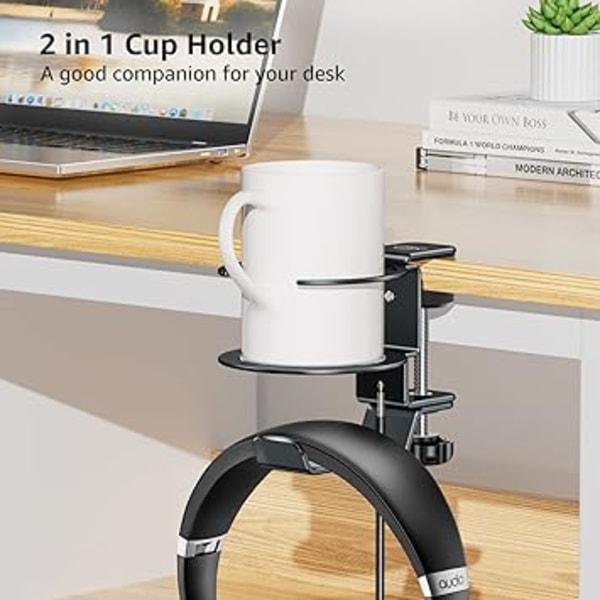 (grå) Skrivebordskoppholder, 2 i 1 justerbar metall PC spillkoppholder