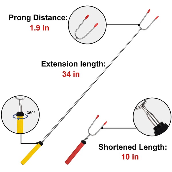 Bbq Marshmallow Ristning Sticks Rustfrit Stål Gaffelsæt Udtrækkelig Roterende 34 Tommer U-Form Hot Dog Ristning Sticks（Lynlåspose）