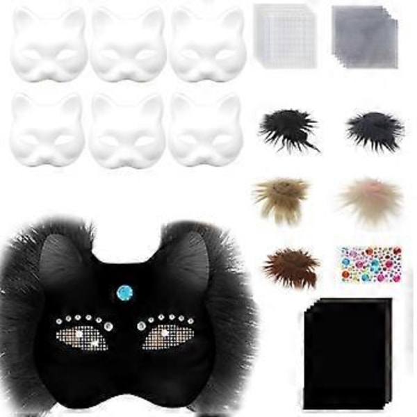 Handmålade Kattmasker Djurmaskset Maskeradmask Blank Mask med Plyschtyg Halloweenfestmask för Vuxna Set 3