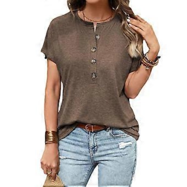 Henley T-shirts til Kvinder Sommer Afslappede Toppe Kortærmet Rund Hals T-shirt Løse Bluser Sommer T-shirts Tunika Toppe brun M(brownM) brown M