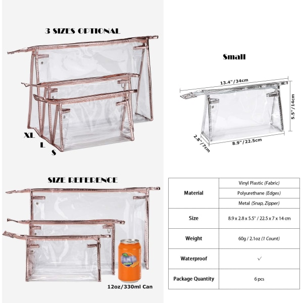 6 stk. gjennomsiktig bærbar toalettveske i klar vinylplast, kosmetikkveske med glidelås
