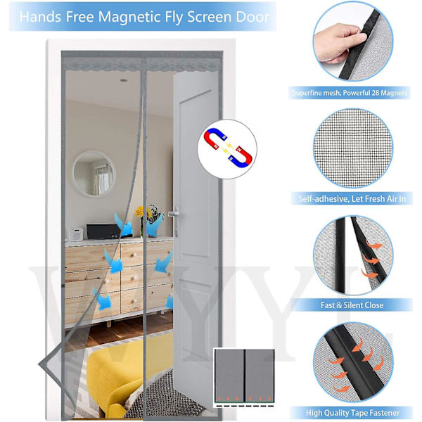Magnetisk myggenetdør 130x210cm, myggenet til glasfiberdør, myggenet til dør automatisk lukning ultra fint mesh uden hul (grå)